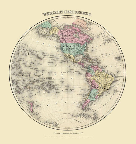 Western Hemisphere - Colton 1855 Black Ornate Wood Framed Art Print with Double Matting by Colton