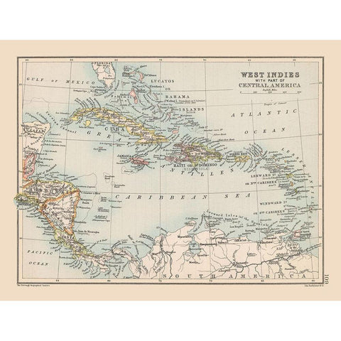 West Indies Central America - Bartholomew 1892 White Modern Wood Framed Art Print by Bartholomew