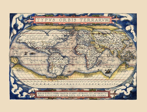 World - Ortelius 1598 Black Ornate Wood Framed Art Print with Double Matting by Ortelius