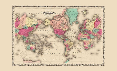 Mercator Projection - Johnson 1860 Black Ornate Wood Framed Art Print with Double Matting by Johnson