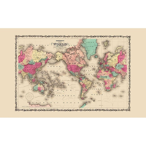 Mercator Projection - Johnson 1860 White Modern Wood Framed Art Print by Johnson