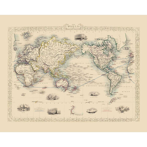 Mercator Projection - Tallis 1851 Gold Ornate Wood Framed Art Print with Double Matting by Tallis