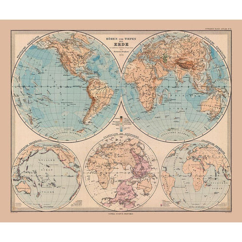 Hemispheres of Earth - Stieler 1885 Gold Ornate Wood Framed Art Print with Double Matting by Stieler