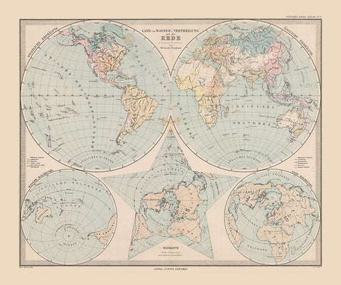 Land Water Distribution Earth - Stieler 1885 Black Ornate Wood Framed Art Print with Double Matting by Stieler