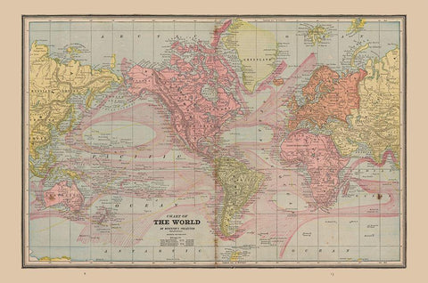 Chart of World - Cram 1888 Black Ornate Wood Framed Art Print with Double Matting by Cram