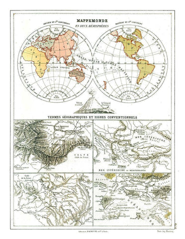 World Hemispheres - Cortambert 1880 Black Ornate Wood Framed Art Print with Double Matting by Cortambert