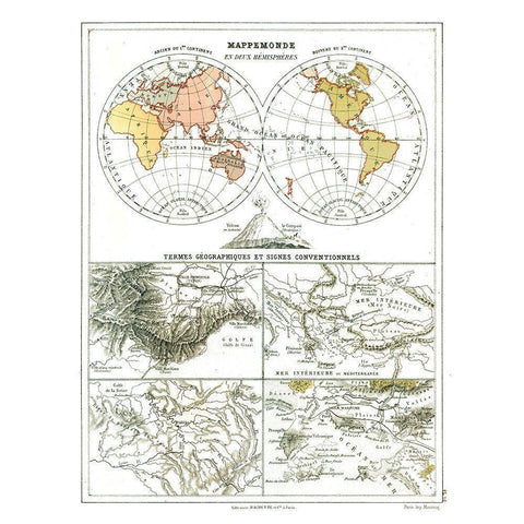 World Hemispheres - Cortambert 1880 Black Modern Wood Framed Art Print with Double Matting by Cortambert