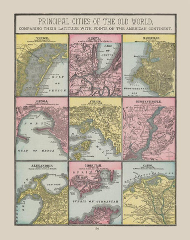 Principal Cities of World - Cram 1892 Black Ornate Wood Framed Art Print with Double Matting by Cram