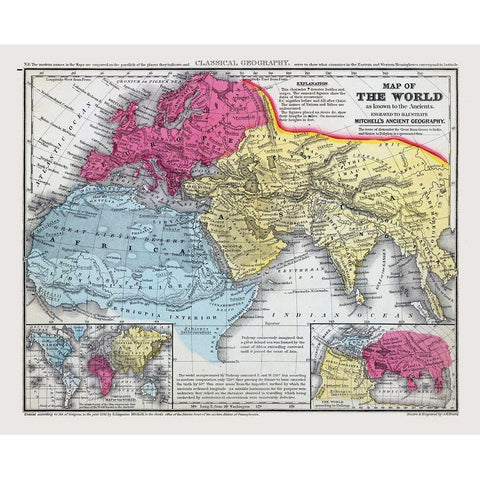 World as Known to Ancients - Mitchell 1844 Gold Ornate Wood Framed Art Print with Double Matting by Mitchell