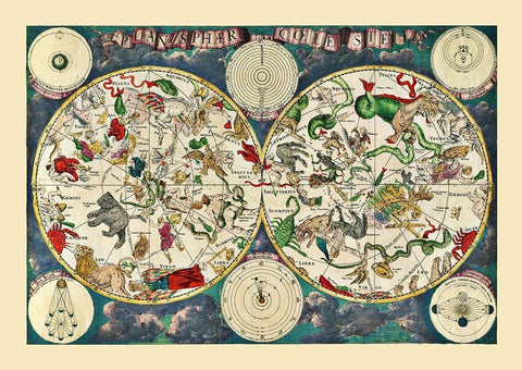 Celestial Planisphere World Black Ornate Wood Framed Art Print with Double Matting by Unknown