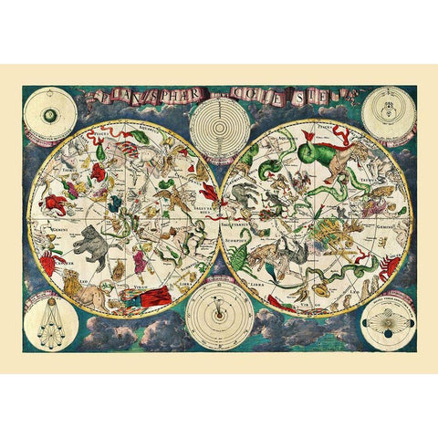 Celestial Planisphere World White Modern Wood Framed Art Print by Unknown