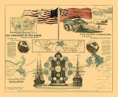 America Europe Telegraph Chart - Magnus 1858 Black Ornate Wood Framed Art Print with Double Matting by Magnus