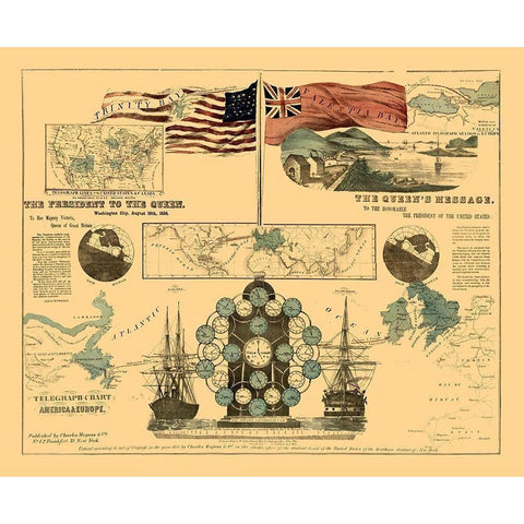 America Europe Telegraph Chart - Magnus 1858 Gold Ornate Wood Framed Art Print with Double Matting by Magnus