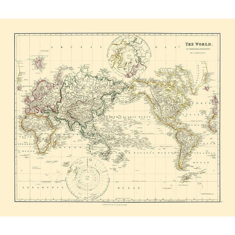 Mercator Projection - Arrowsmith 1844 Black Modern Wood Framed Art Print with Double Matting by Arrowsmith