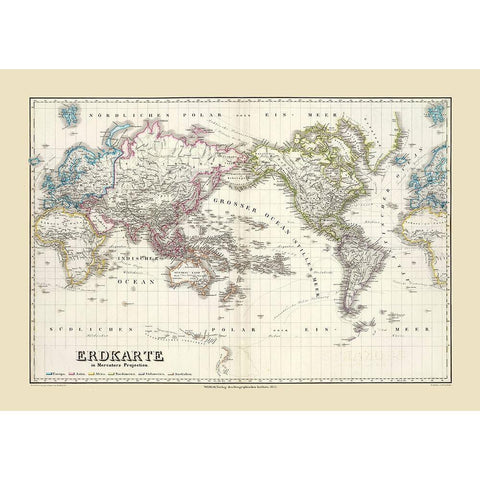 Mercator Projection - Weimar 1853 Gold Ornate Wood Framed Art Print with Double Matting by Weimar