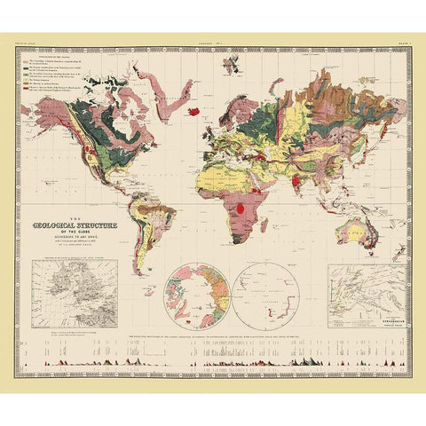 Geological Structure of Globe - Johnston 1855 Gold Ornate Wood Framed Art Print with Double Matting by Johnston