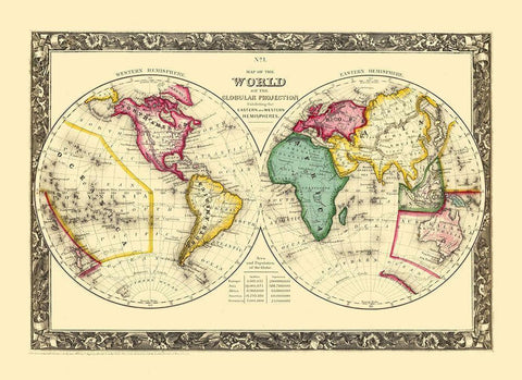 World Globular Projection - Mitchell 1860 Black Ornate Wood Framed Art Print with Double Matting by Mitchell