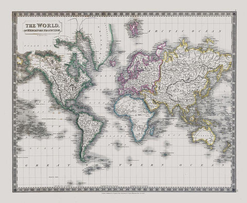 Mercator Projection - Longman 1829 White Modern Wood Framed Art Print with Double Matting by Longman