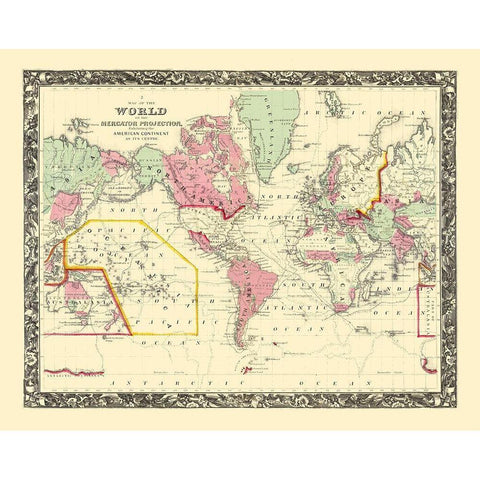 World American Continent Mercator Projection Gold Ornate Wood Framed Art Print with Double Matting by Barrow