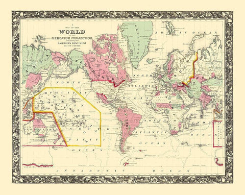 World American Continent Mercator Projection Black Ornate Wood Framed Art Print with Double Matting by Barrow