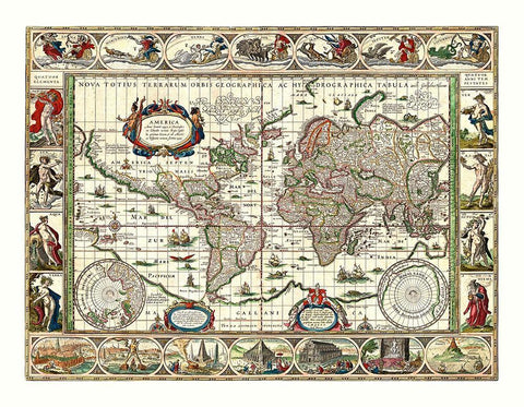 World America 1492 to 1499 - Bleau Black Ornate Wood Framed Art Print with Double Matting by Blaeu
