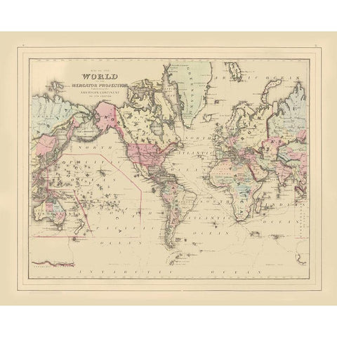 Mercator Projection American Continent White Modern Wood Framed Art Print by Unknown