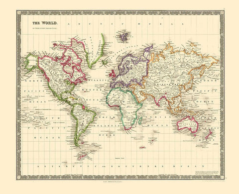 Mercator Projection - Teesdale 1840 White Modern Wood Framed Art Print with Double Matting by Teesdale