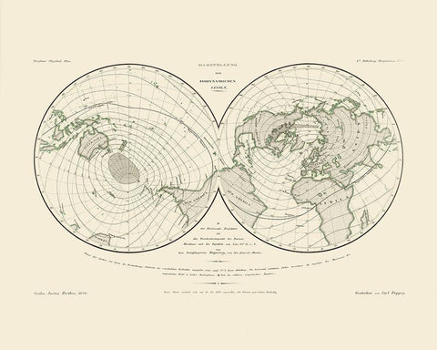World Isodynamic Lines - Perthes 1839 Black Ornate Wood Framed Art Print with Double Matting by Perthes