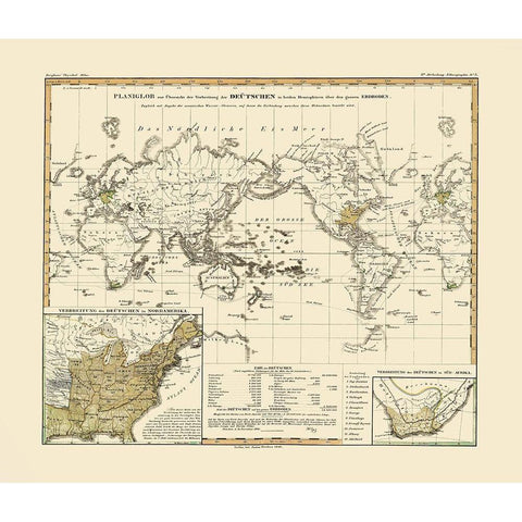Distribution of Germans World - Perthes 1846 Black Modern Wood Framed Art Print by Perthes