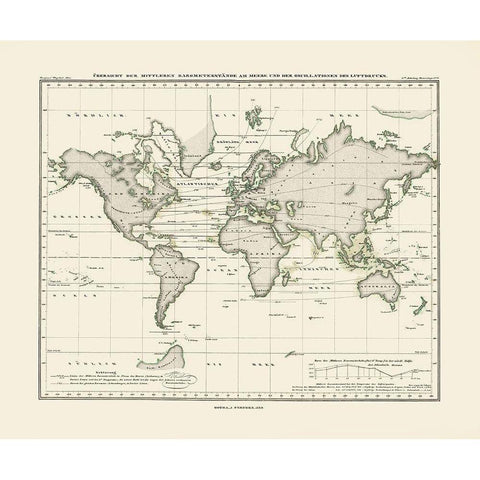 World Seas Air Pressure - Perthes 1839 Black Modern Wood Framed Art Print by Perthes