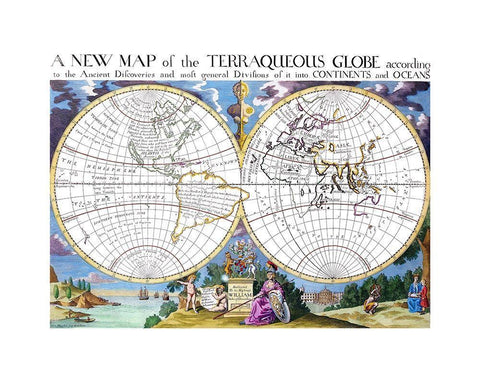 Terraqueous Globe White Modern Wood Framed Art Print with Double Matting by Unknown