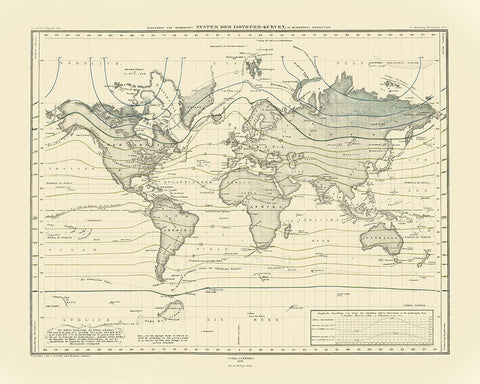 World Isothermal Curves - Perthes 1838 Black Ornate Wood Framed Art Print with Double Matting by Perthes
