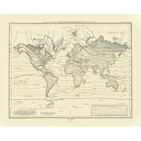 World Isothermal Curves - Perthes 1838 Black Modern Wood Framed Art Print by Perthes