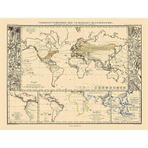 World Main Crops - Perthes 1859 Black Modern Wood Framed Art Print by Perthes
