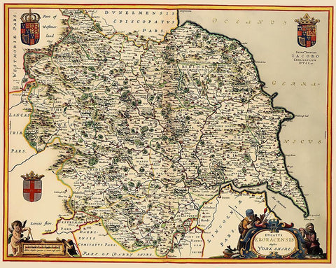 Yorkshire County England - Jansson 1645 Black Ornate Wood Framed Art Print with Double Matting by Jansson