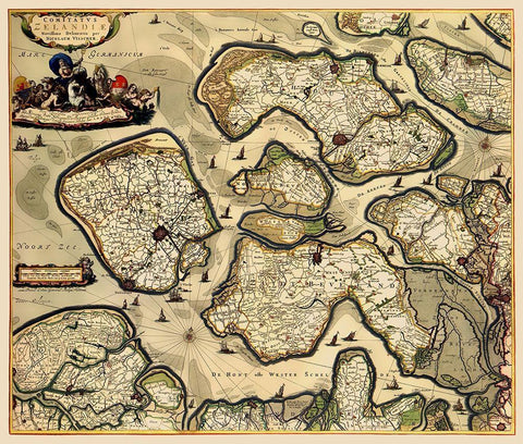 Zeeland Province Netherlands - Visscher 1680 White Modern Wood Framed Art Print with Double Matting by Visscher