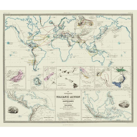 Global Volcanic Action Earthquakes - Johnston 1854 Gold Ornate Wood Framed Art Print with Double Matting by Johnston