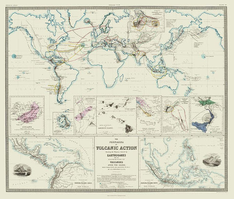 Global Volcanic Action Earthquakes - Johnston 1854 Black Ornate Wood Framed Art Print with Double Matting by Johnston