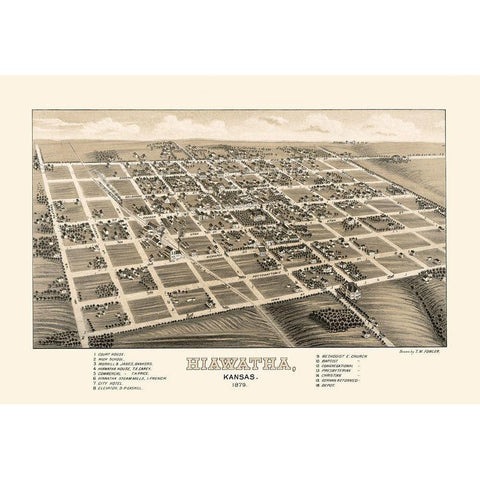 Hiawatha Kansas - Fowler 1879  Gold Ornate Wood Framed Art Print with Double Matting by Fowler