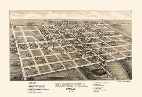 Hiawatha Kansas - Fowler 1879  Black Ornate Wood Framed Art Print with Double Matting by Fowler