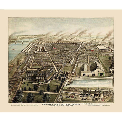 Kansas City Stockyards Kansas - Child 1870 Gold Ornate Wood Framed Art Print with Double Matting by Child
