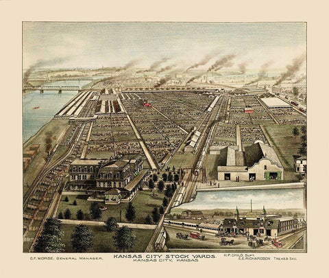 Kansas City Stockyards Kansas - Child 1870 White Modern Wood Framed Art Print with Double Matting by Child