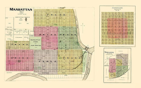 Manhattan, Coronado, Towanda Kansas - Everts 1887 Black Ornate Wood Framed Art Print with Double Matting by Everts