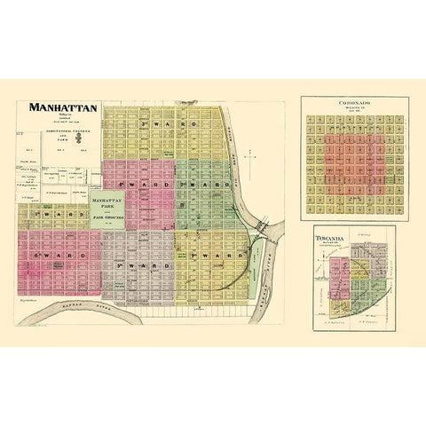 Manhattan, Coronado, Towanda Kansas - Everts 1887 Gold Ornate Wood Framed Art Print with Double Matting by Everts