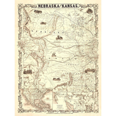 Nebraska Kansas - Colton 1855  Black Modern Wood Framed Art Print with Double Matting by Colton