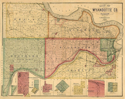 Wyandotte County Kansas - Hopkins 1887  White Modern Wood Framed Art Print with Double Matting by Hopkins