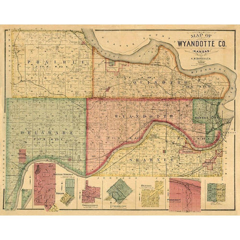 Wyandotte County Kansas - Hopkins 1887  Black Modern Wood Framed Art Print with Double Matting by Hopkins