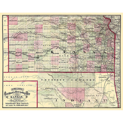 Kansas - Cram 1875 White Modern Wood Framed Art Print by Cram