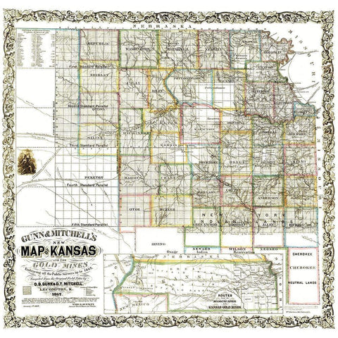 Gold Mines Kansas - Gunn 1862 Gold Ornate Wood Framed Art Print with Double Matting by Gunn