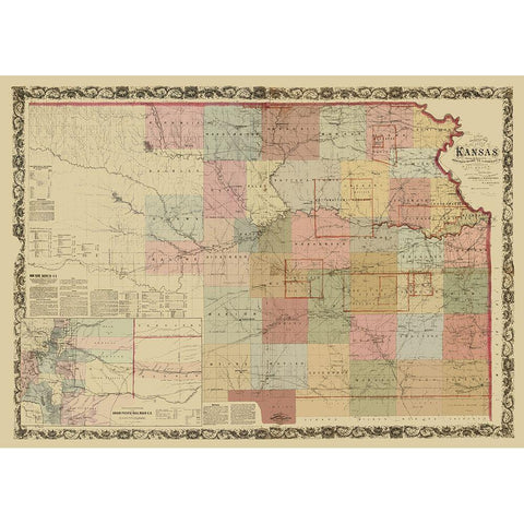 Kansas Projected Railroads - Keelerge 1867 Gold Ornate Wood Framed Art Print with Double Matting by Keelerge